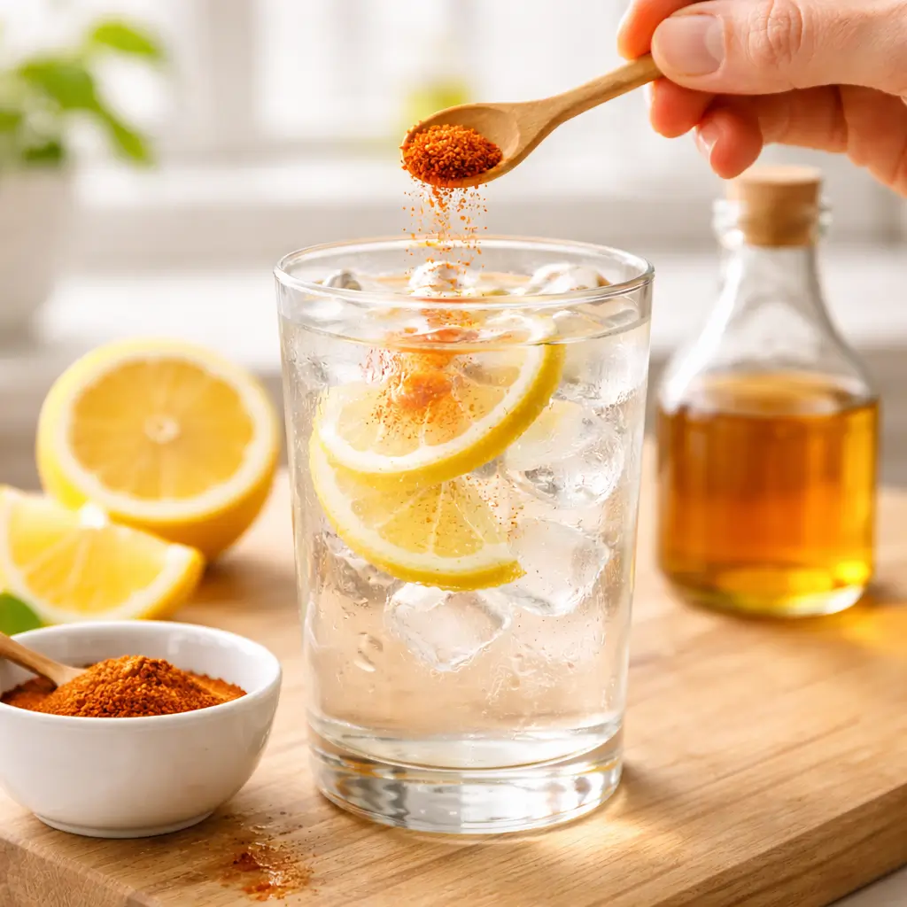 Sprinkling cayenne pepper into a glass of ice water with lemon and apple cider vinegar