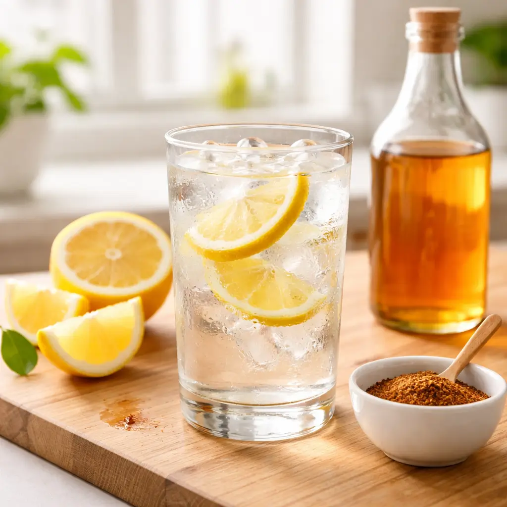 Glass of ice water with lemon, apple cider vinegar, and cayenne