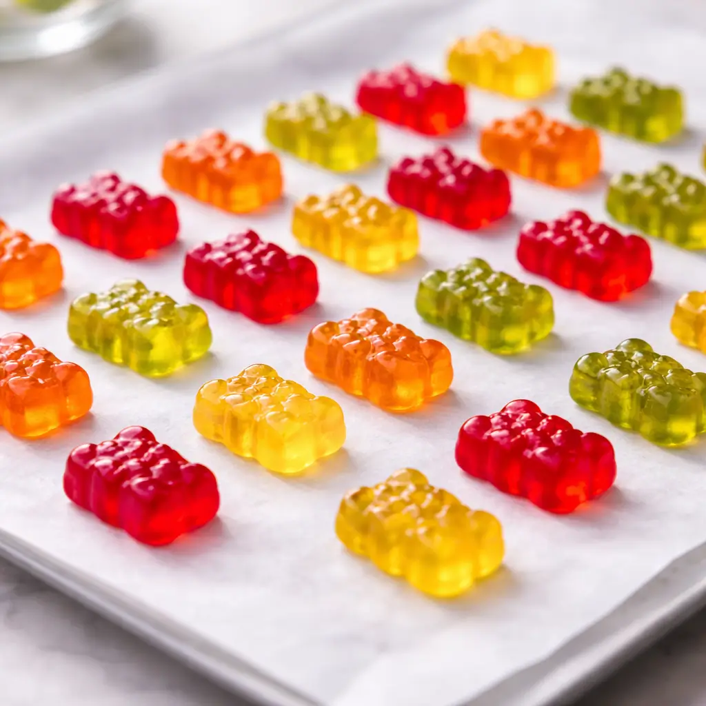 Gummy bears air drying on parchment paper