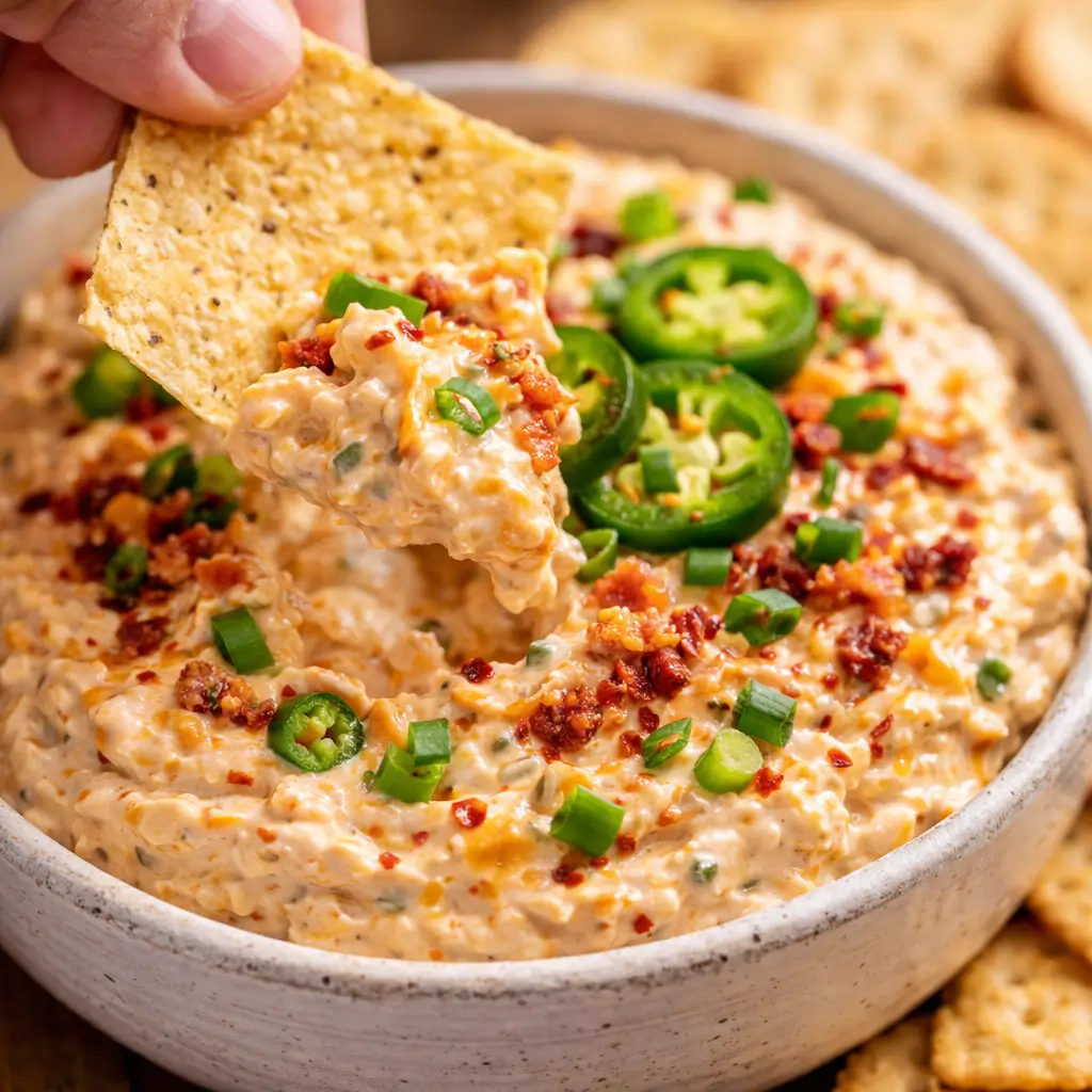 Tortilla chip dipping into creamy Alabama firecracker dip topped with jalapenos and green onions