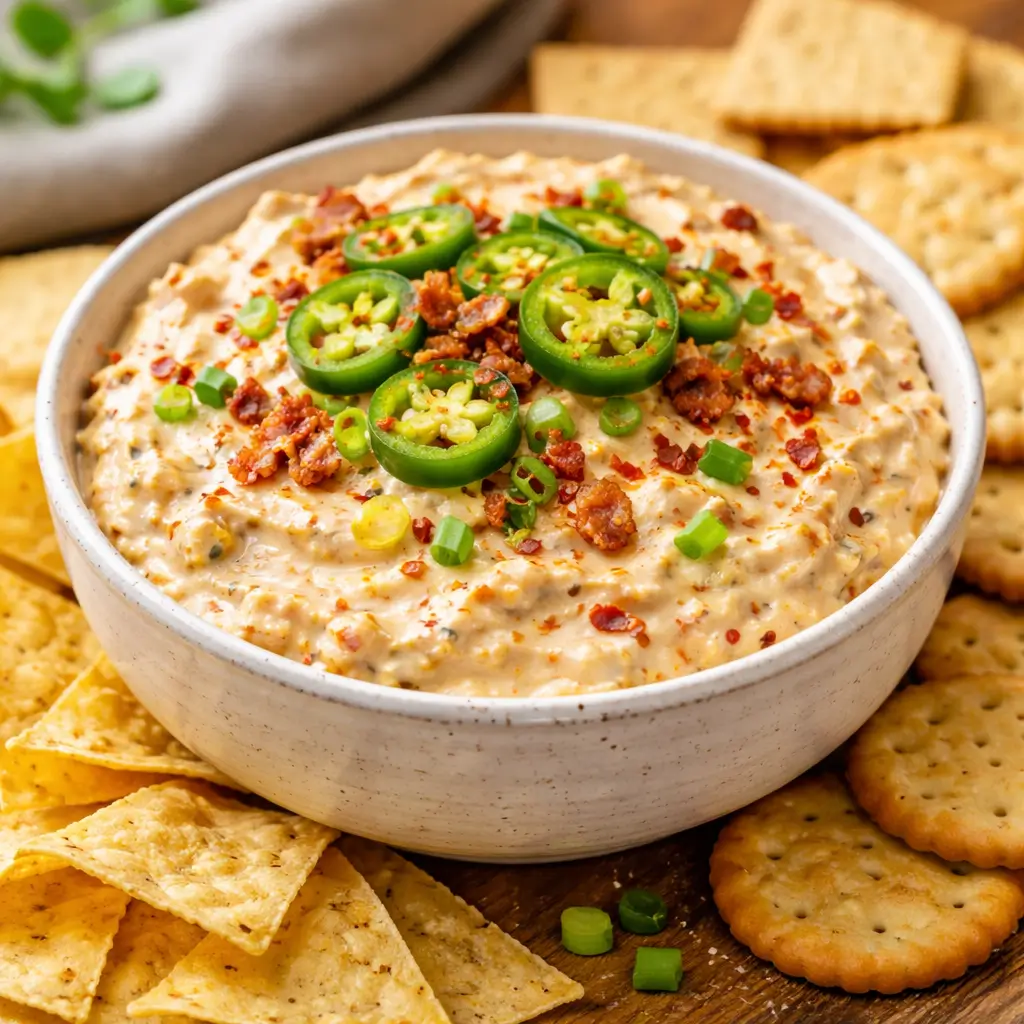 Creamy Alabama firecracker dip served with chips and crackers