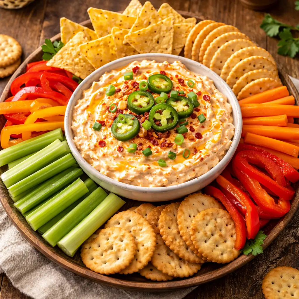 Party platter with Alabama firecracker dip and assorted dippers