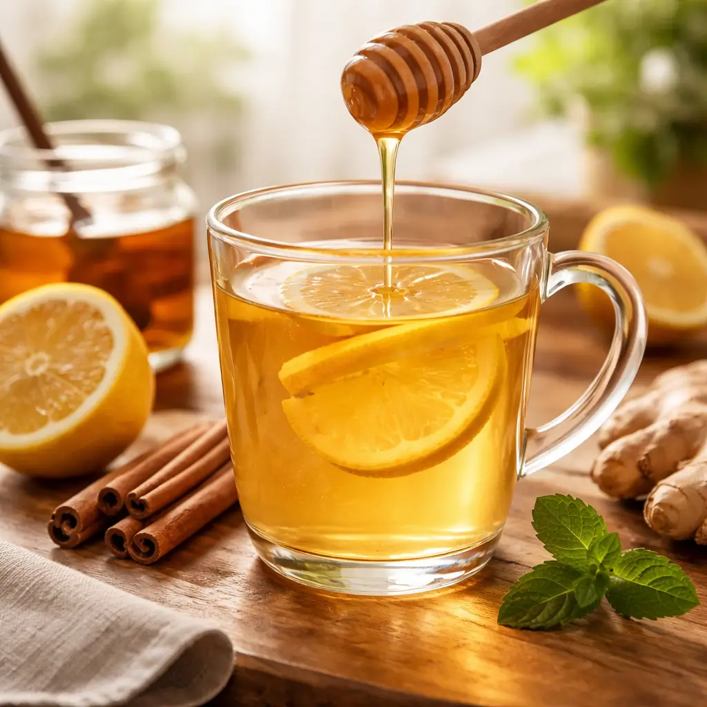 Warm honey lemon drink in glass mug with fresh lemon slices