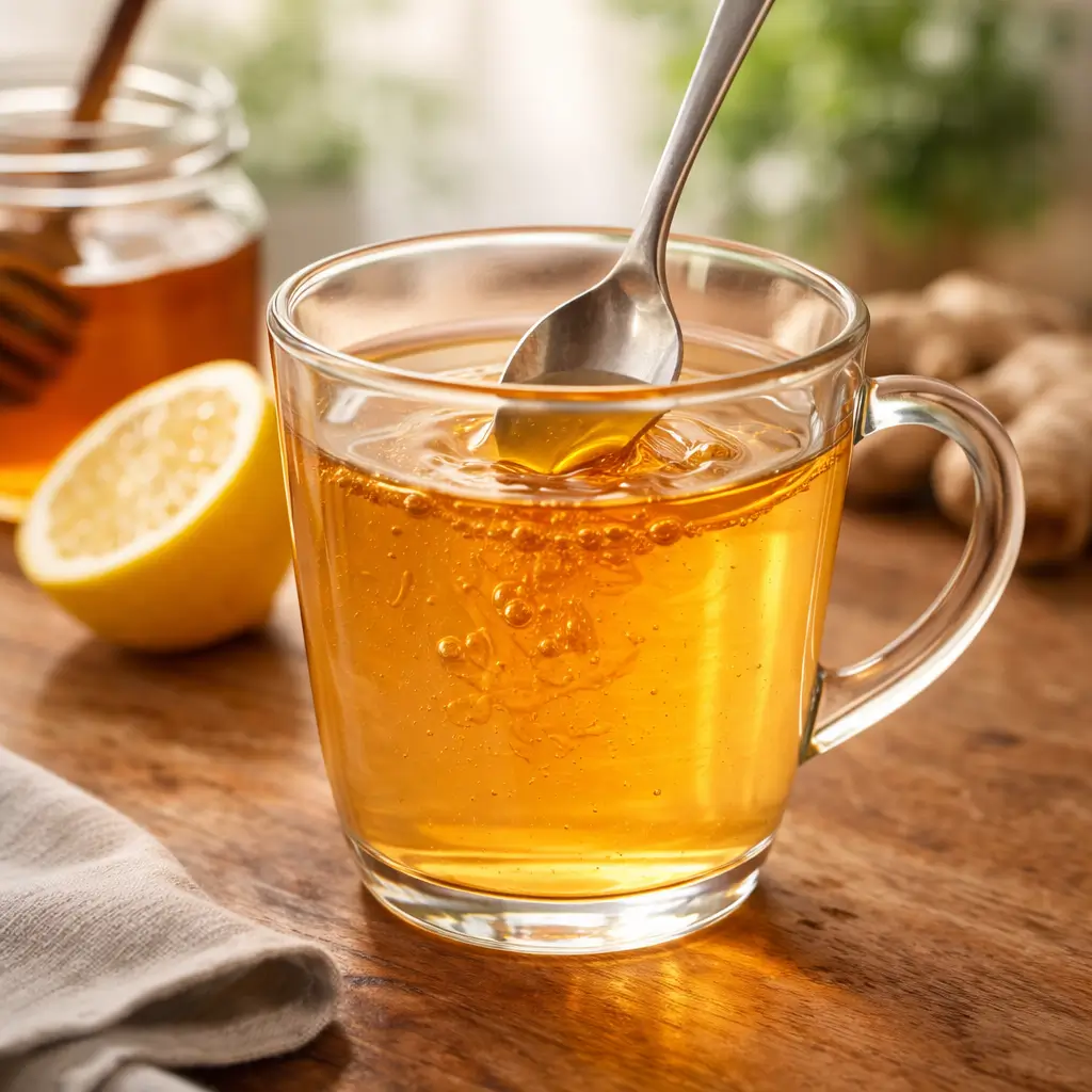 Stirring honey into warm water in glass mug