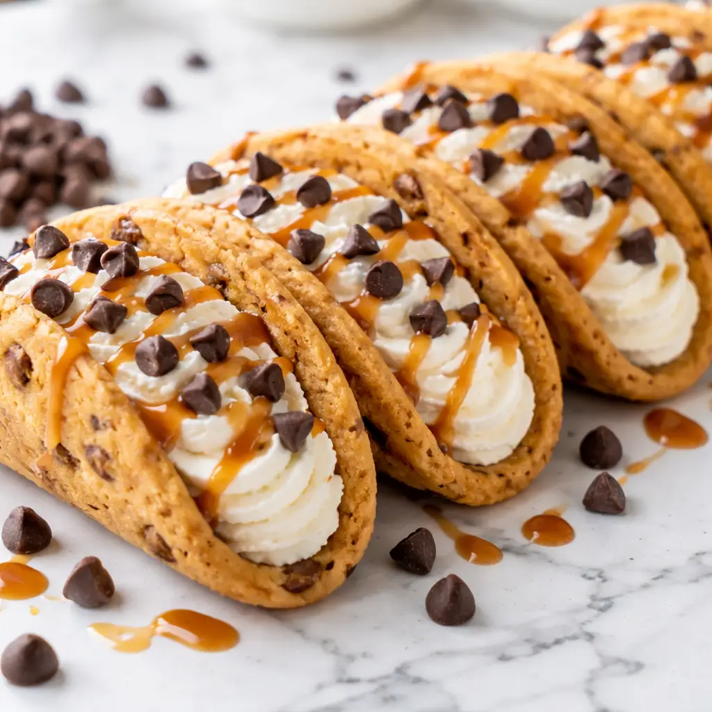 Cheesecake cookie dough tacos with creamy filling and chocolate chips