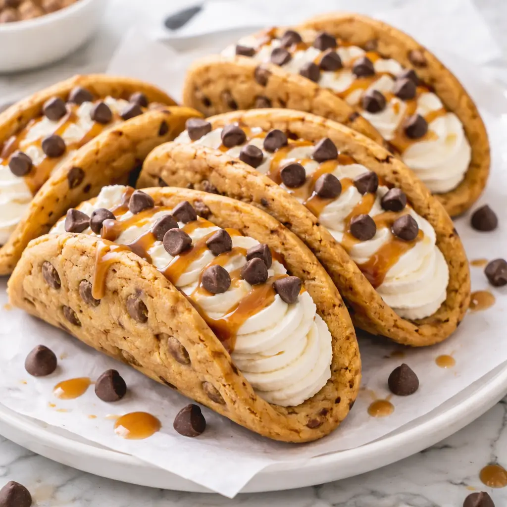 Cheesecake cookie dough tacos served on a plate with chocolate chips and caramel drizzle