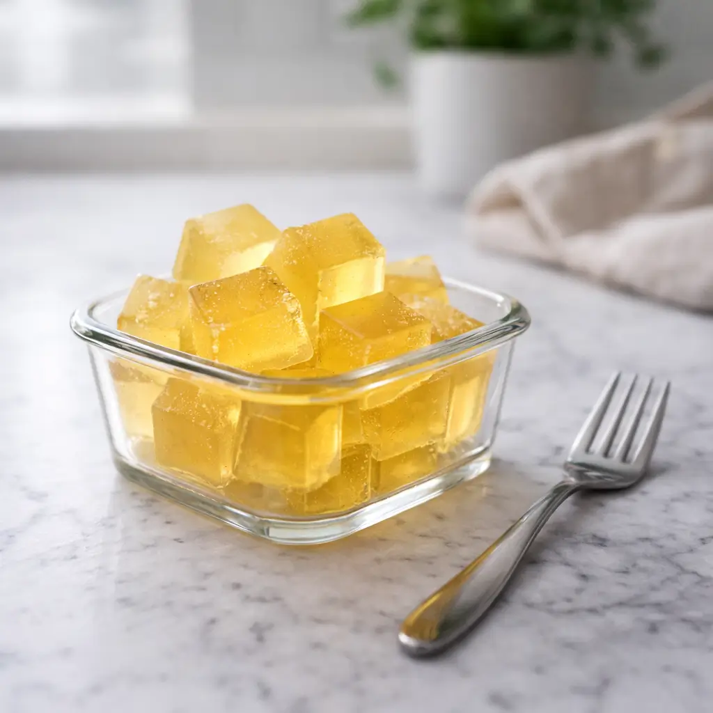 Chilled homemade gelatin cubes ready to serve