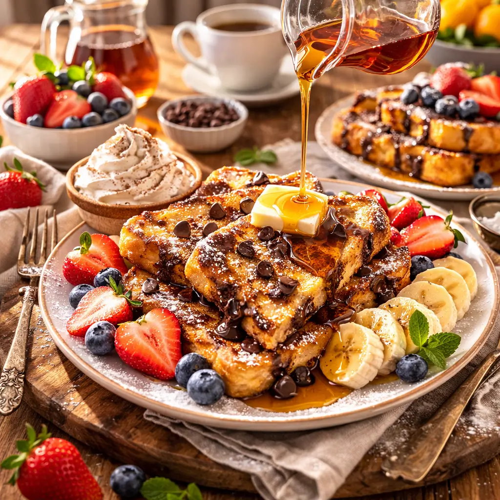 Chocolate chip French toast served with bananas, strawberries, whipped cream, and maple syrup on a bright brunch table