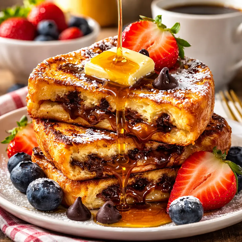 Chocolate chip French toast with melted chocolate and berries