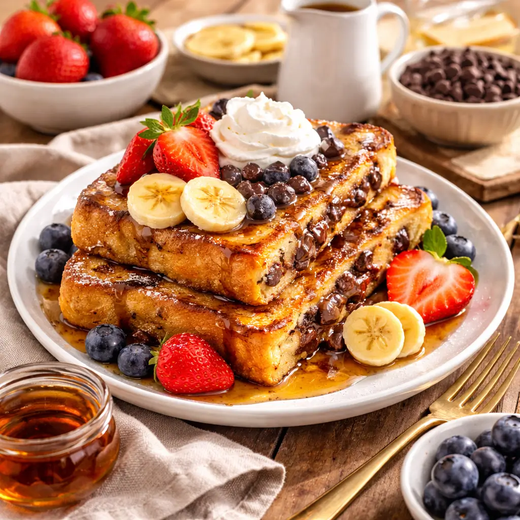 Chocolate chip French toast with syrup and fruit toppings