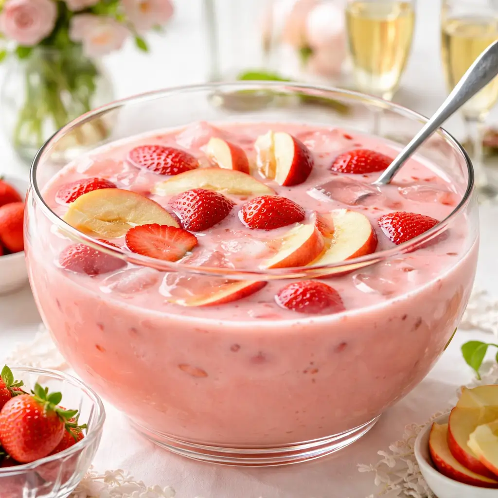 creamy strawberry apple punch in glass bowl with strawberries and apple slices