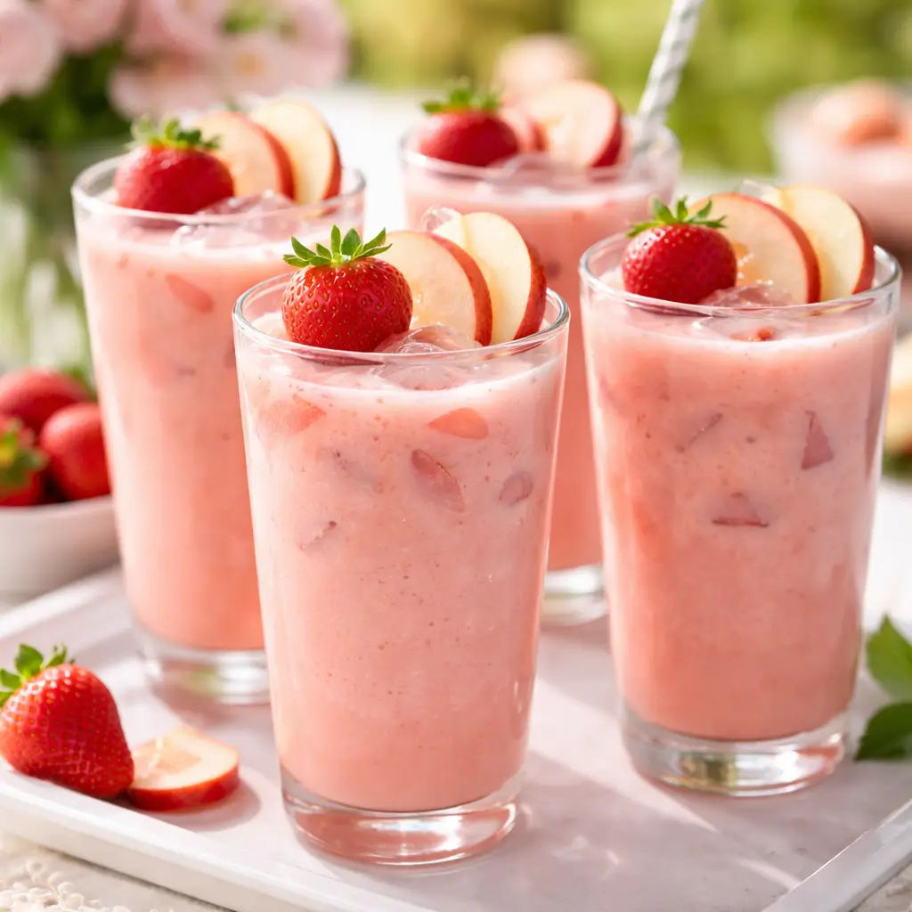 individual glasses of creamy strawberry apple punch with garnish