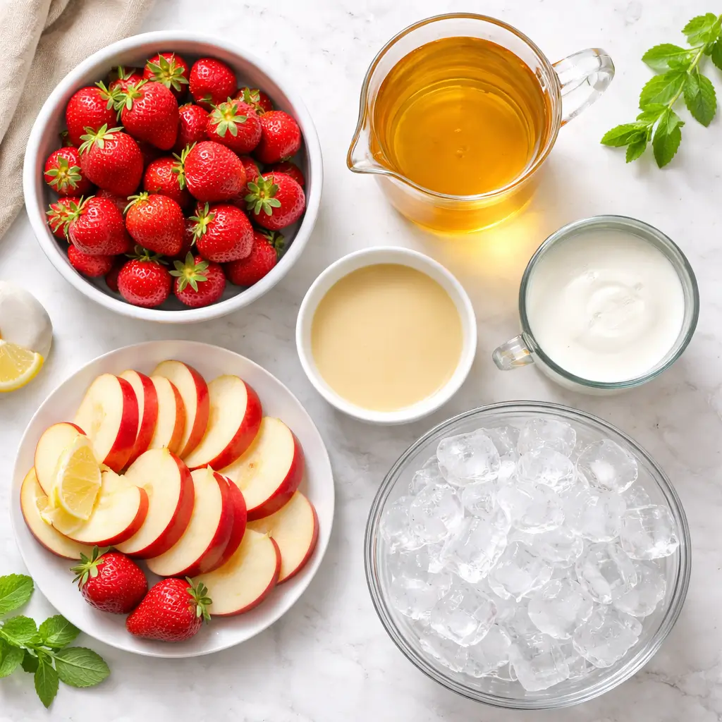 ingredients for creamy strawberry apple punch arranged on countertop
