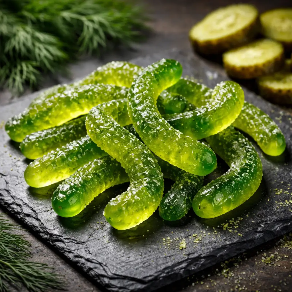 Dill pickle gummy worms on dark surface with fresh dill
