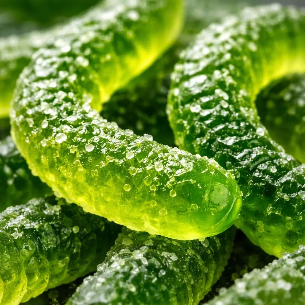 Close-up texture of sour-coated dill pickle gummy worms