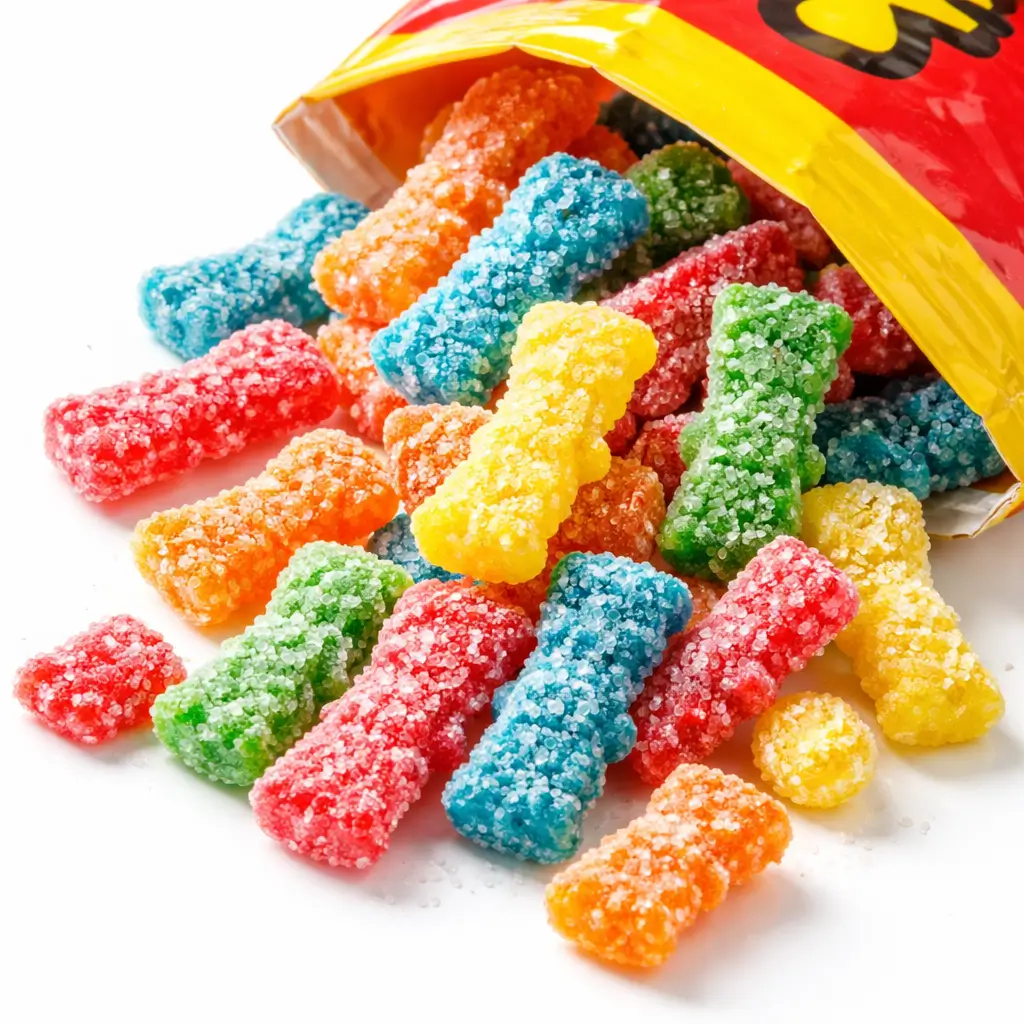 Colorful Sour Patch Kids candies close-up on white background