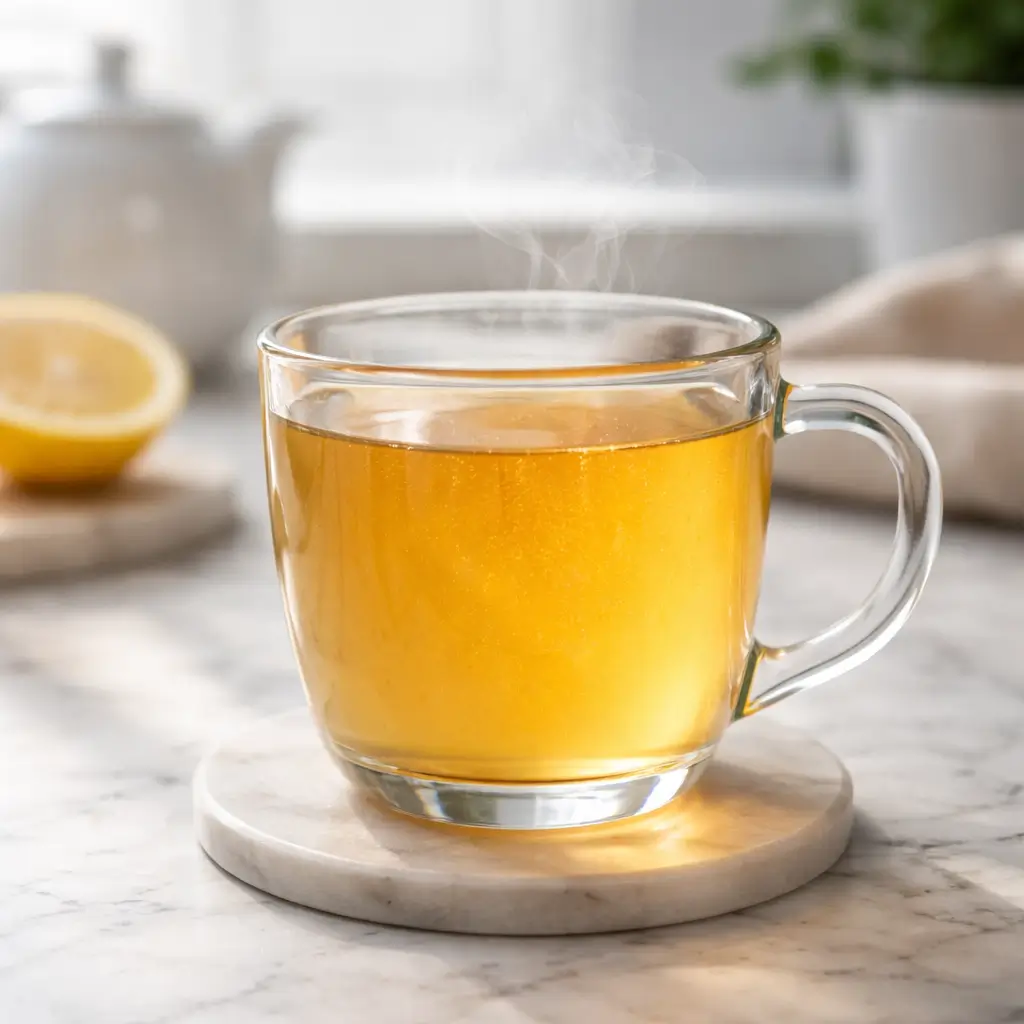 Warm gelatin drink in glass cup on marble counter