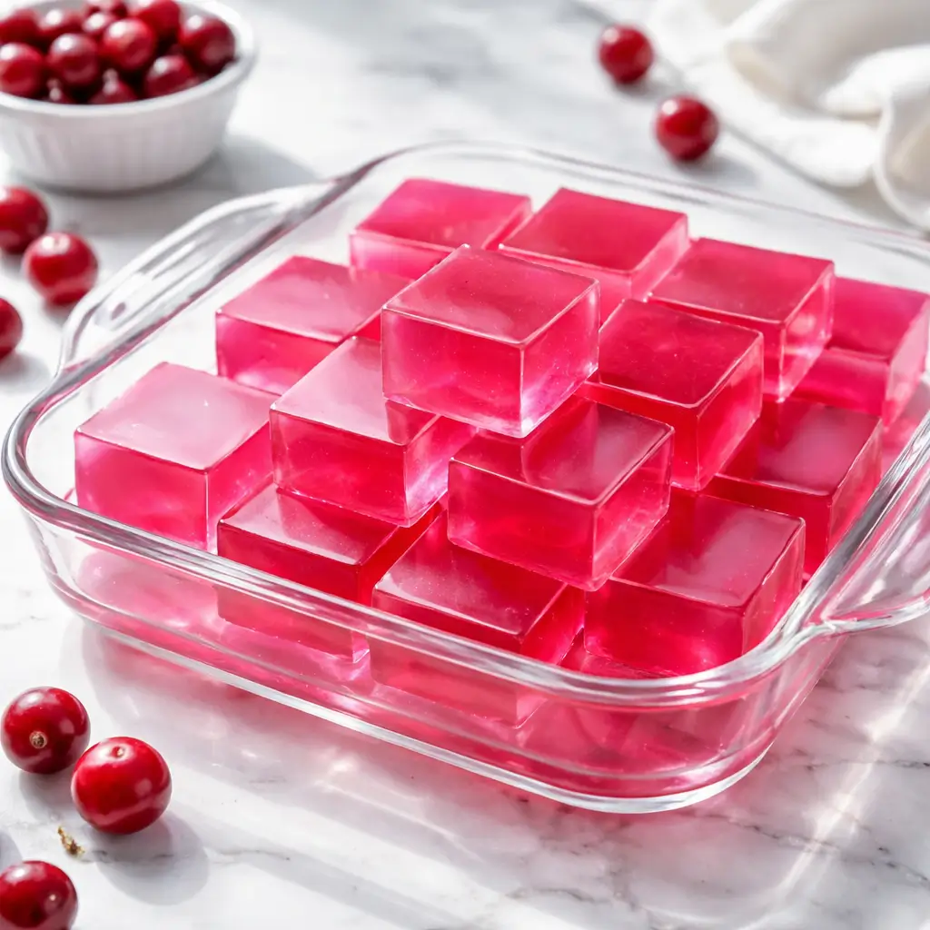 Homemade pink gelatin squares in glass dish