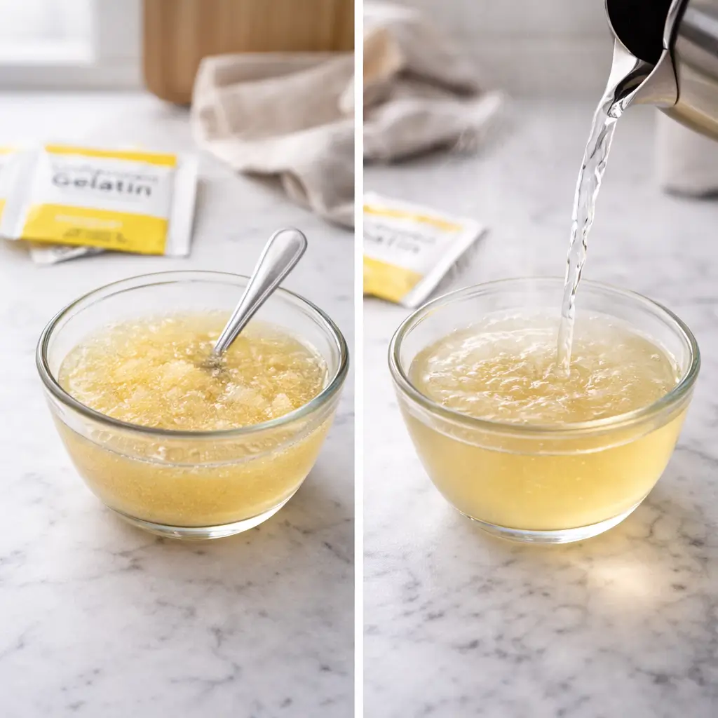 Gelatin blooming in bowl before mixing