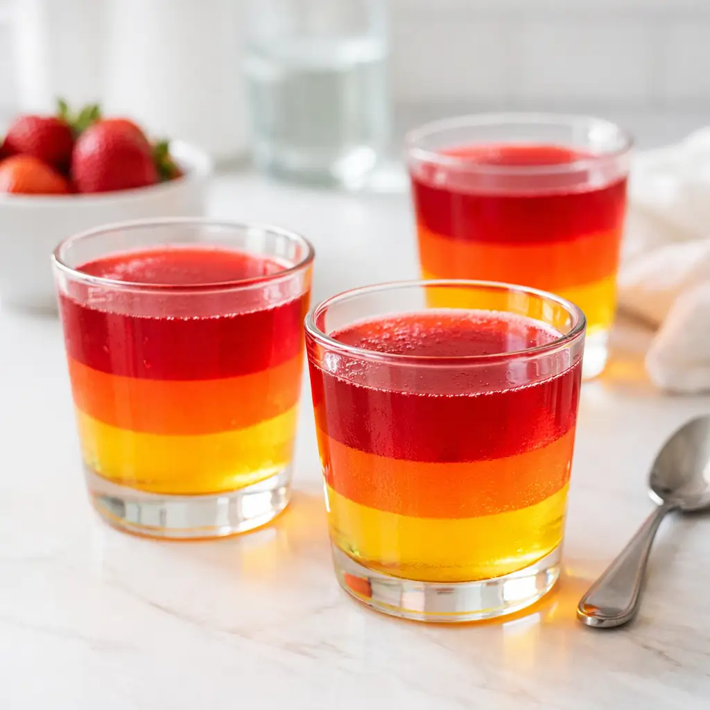 Colorful layered gelatin diet dessert cups on kitchen counter