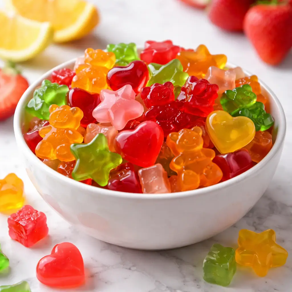 Colorful homemade gelatin gummies in assorted shapes