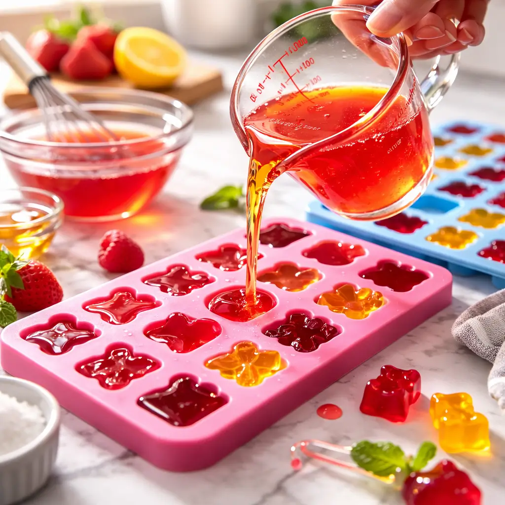 Homemade fruit gelatin gummies on a serving plate with fresh fruit garnish