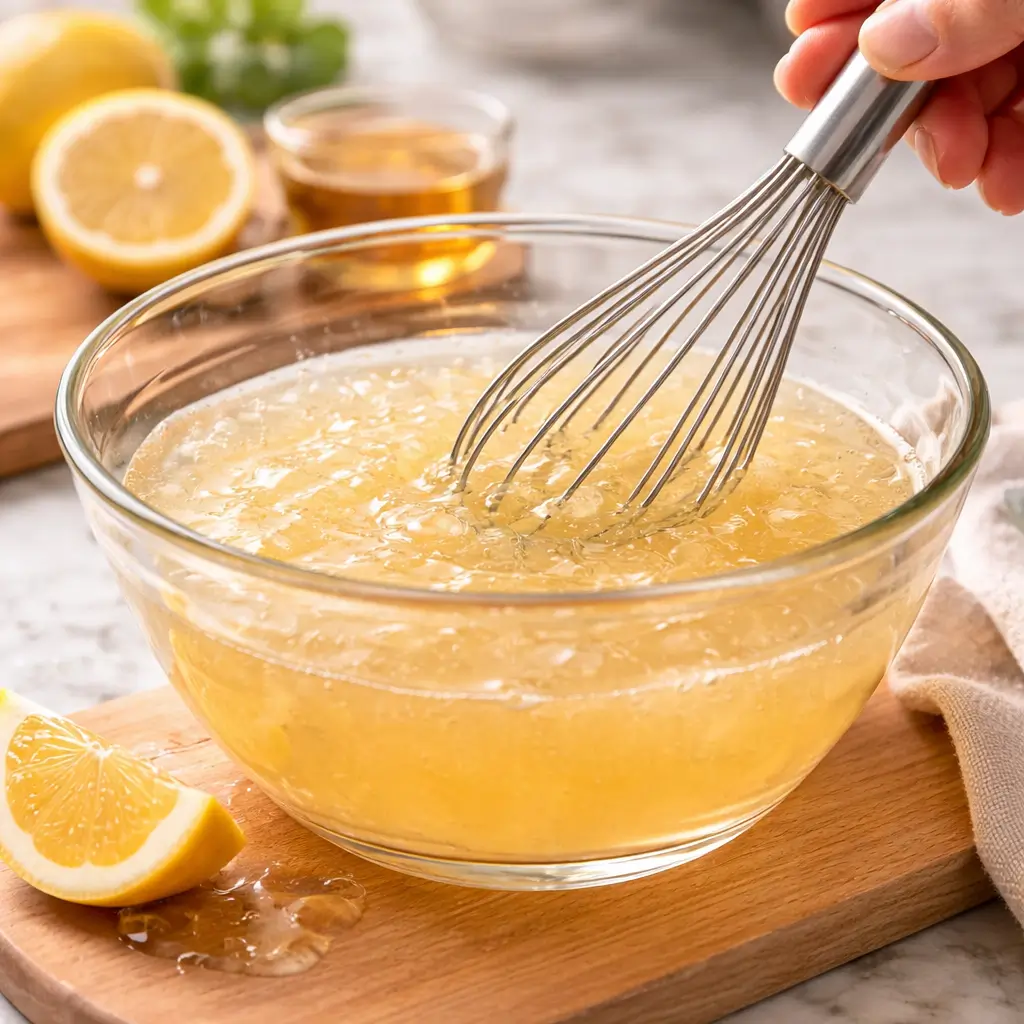 Stirring dissolved gelatin mixture in bowl