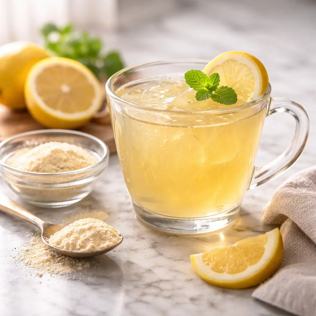 Warm lemon gelatin drink made from simple ingredients
