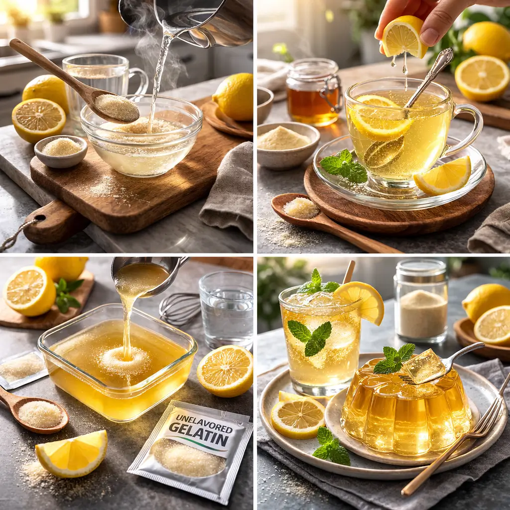 Warm lemon gelatin drink in clear glass mug with unflavored gelatin and fresh lemon on marble counter