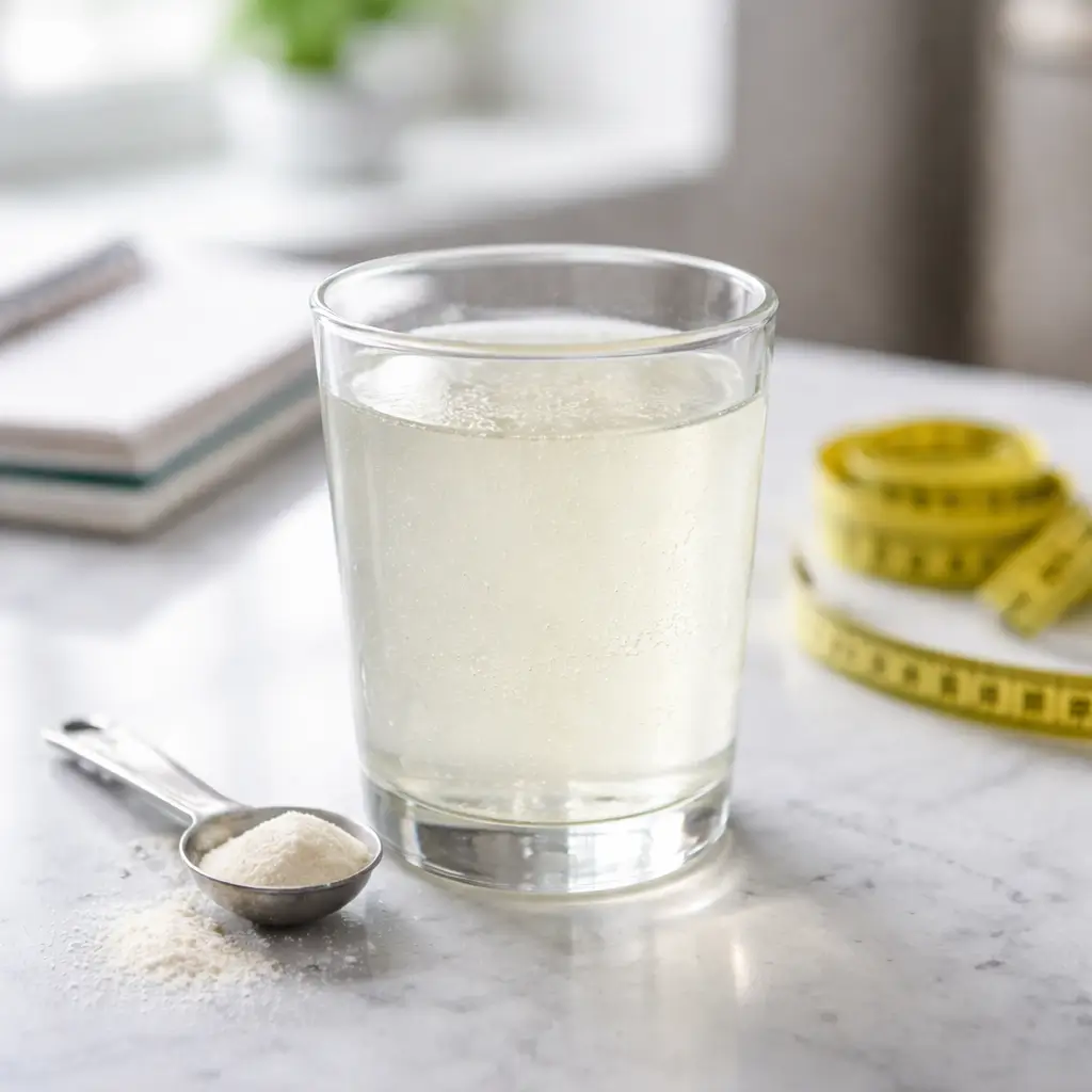 Glass of unflavored gelatin drink for weight loss on kitchen counter