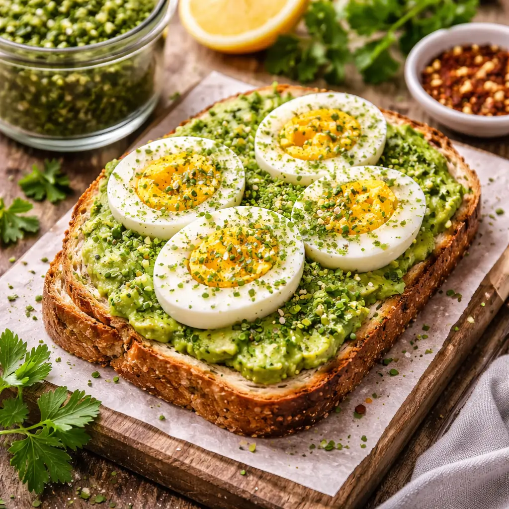 Avocado toast topped with green herb salt seasoning