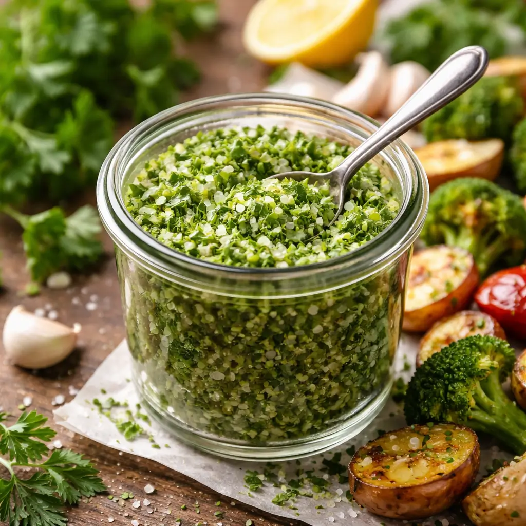 Green salt trick recipe in a glass jar with fresh herbs