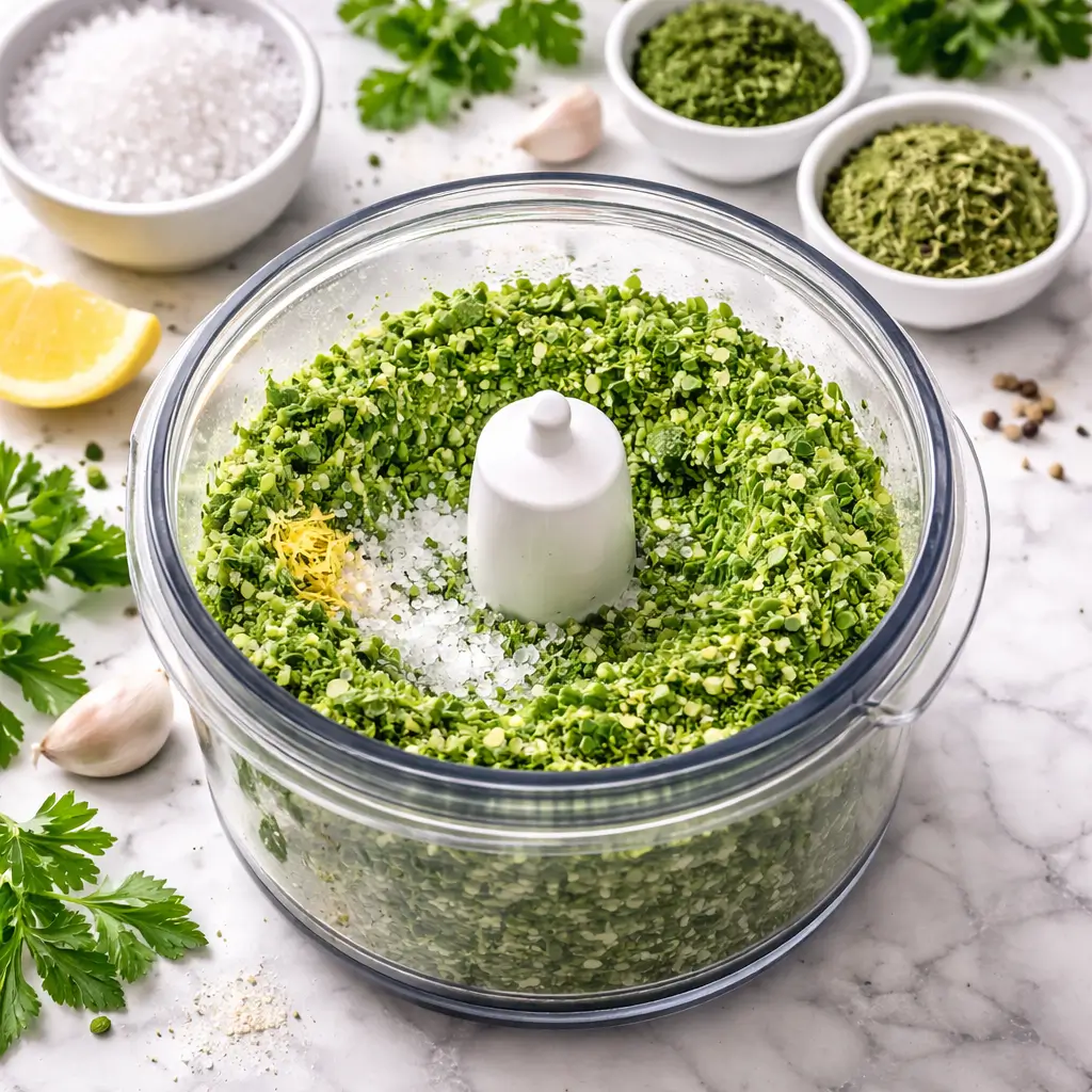Blending herbs and salt for green salt trick recipe