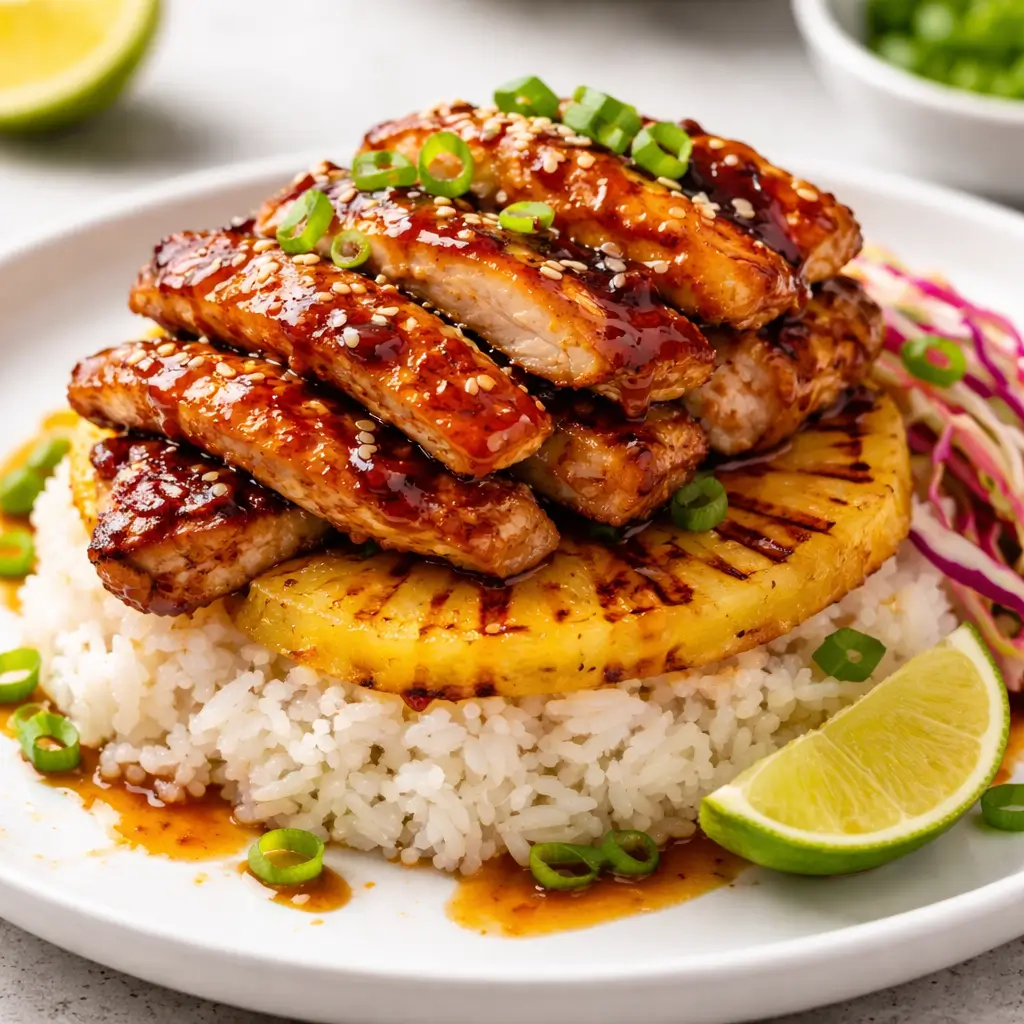 hawaiian huli huli chicken stack plated with pineapple and rice