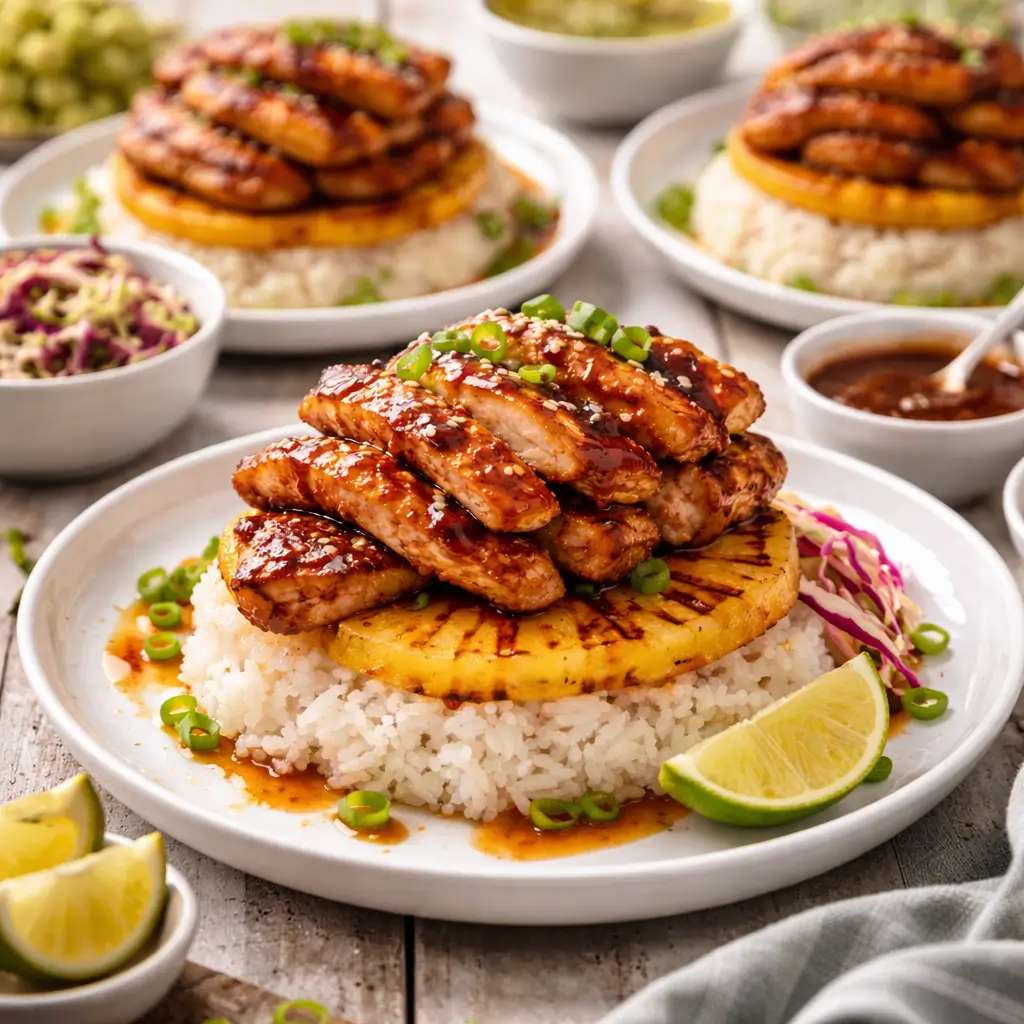 hawaiian huli huli chicken stack served with rice pineapple and island-style sides