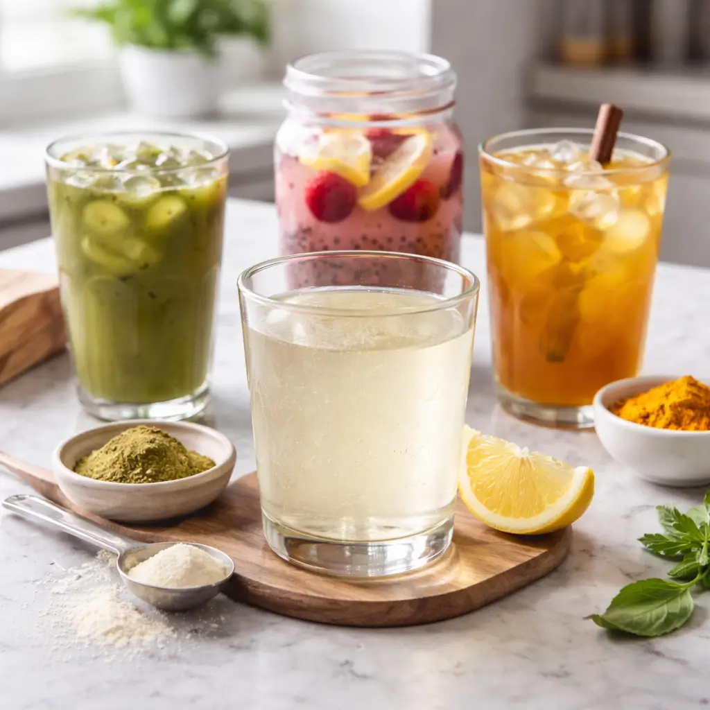 Low calorie weight loss drinks including gelatin drink, matcha, chia water, and turmeric tea
