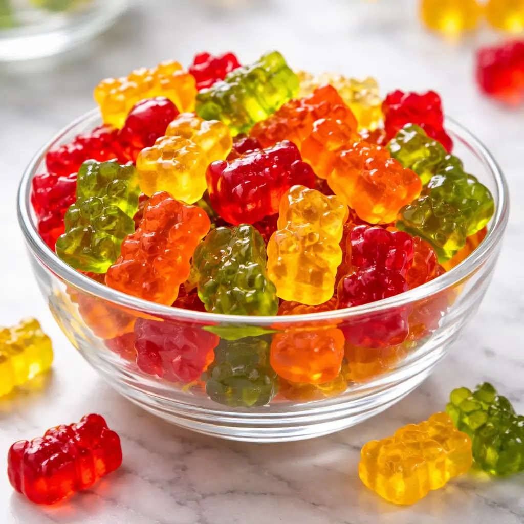 Colorful homemade gummy bears in a glass bowl