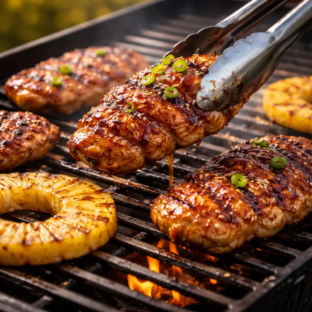 huli huli chicken grilling with pineapple