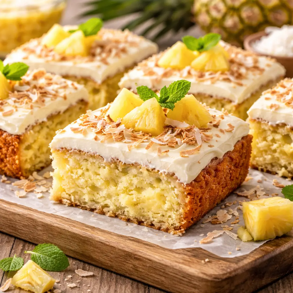 Moist pineapple heaven cake squares with cream cheese frosting and toasted coconut on wooden board