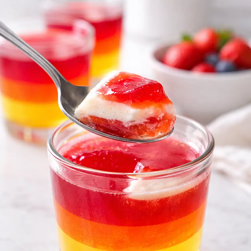 Spoon lifting layered gelatin dessert with yogurt topping from glass cup