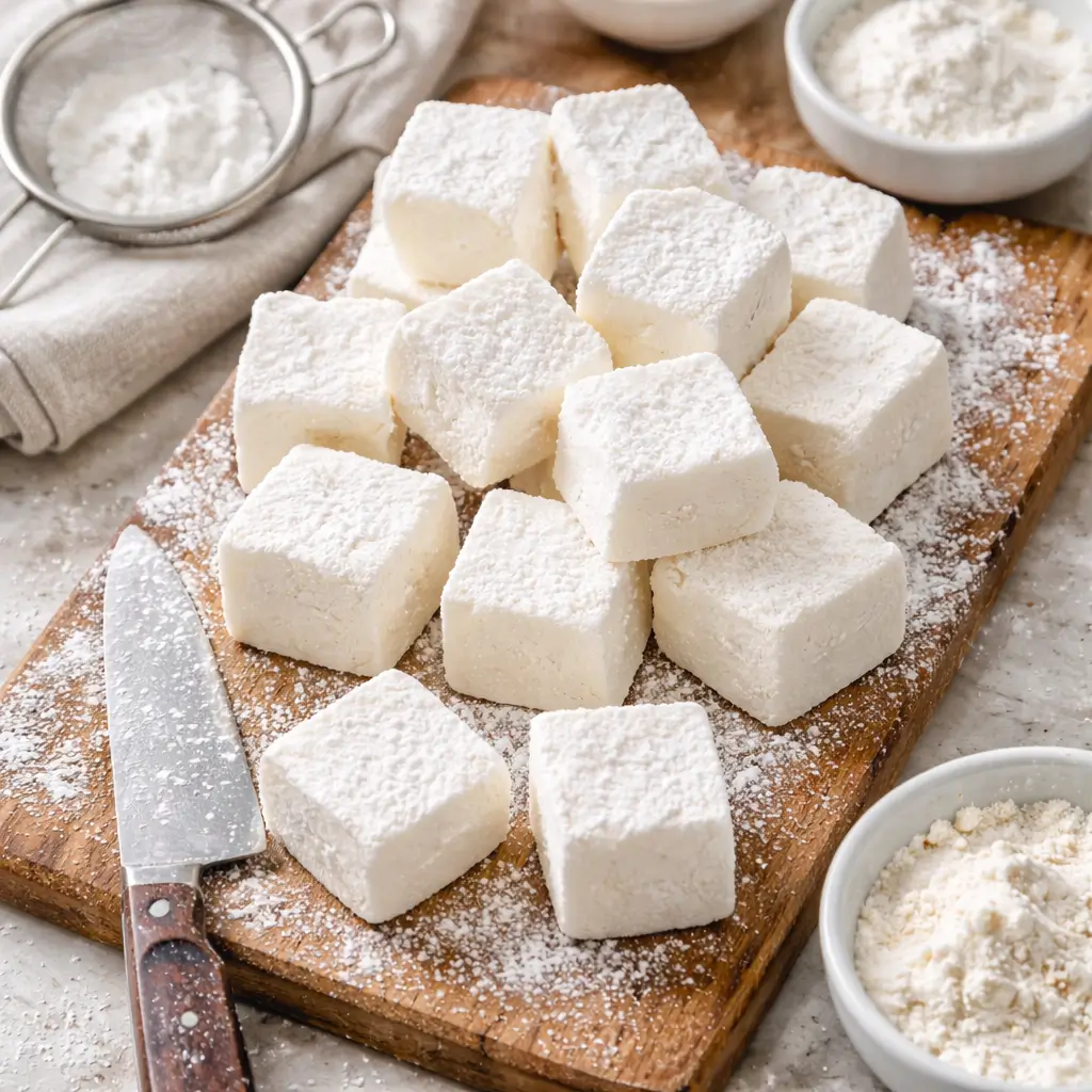 Homemade marshmallow recipe without gelatin cubes dusted with powdered sugar on wooden board