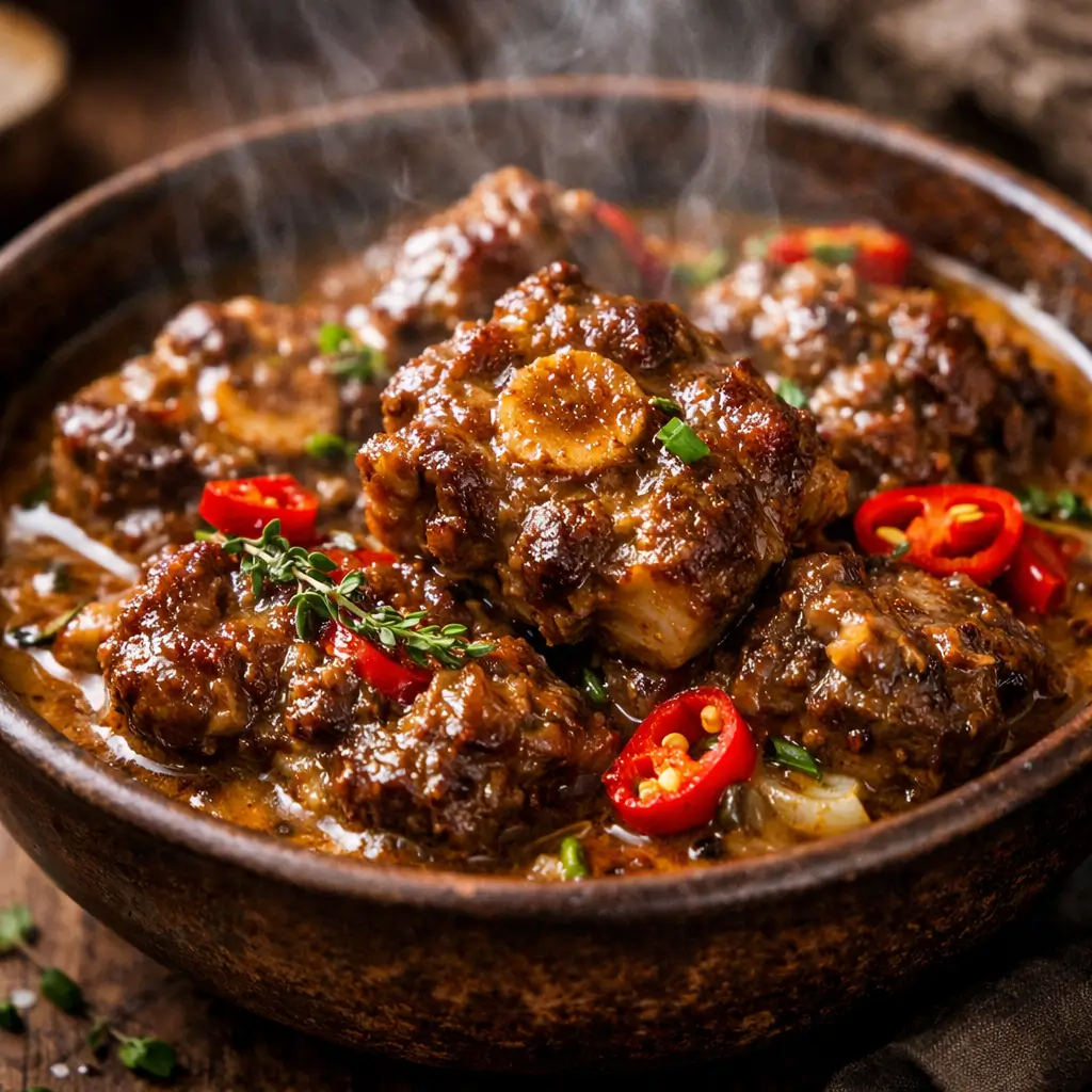 Peppered oxtail with coconut milk in rustic bowl