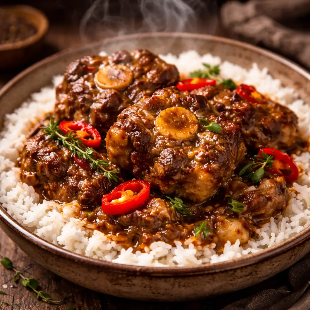 Peppered oxtail with coconut milk over white rice with red chili garnish