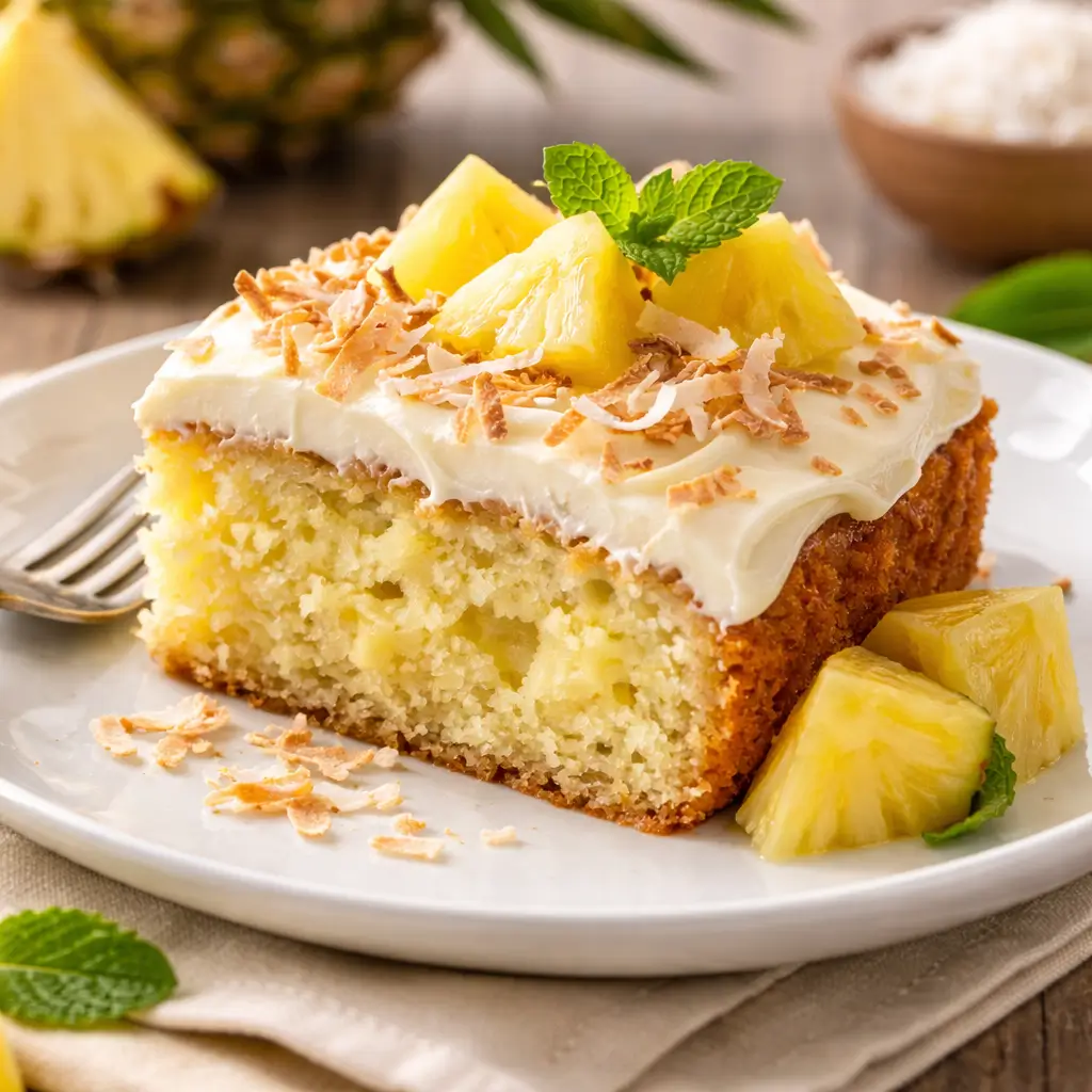 Slice of pineapple heaven cake served on plate