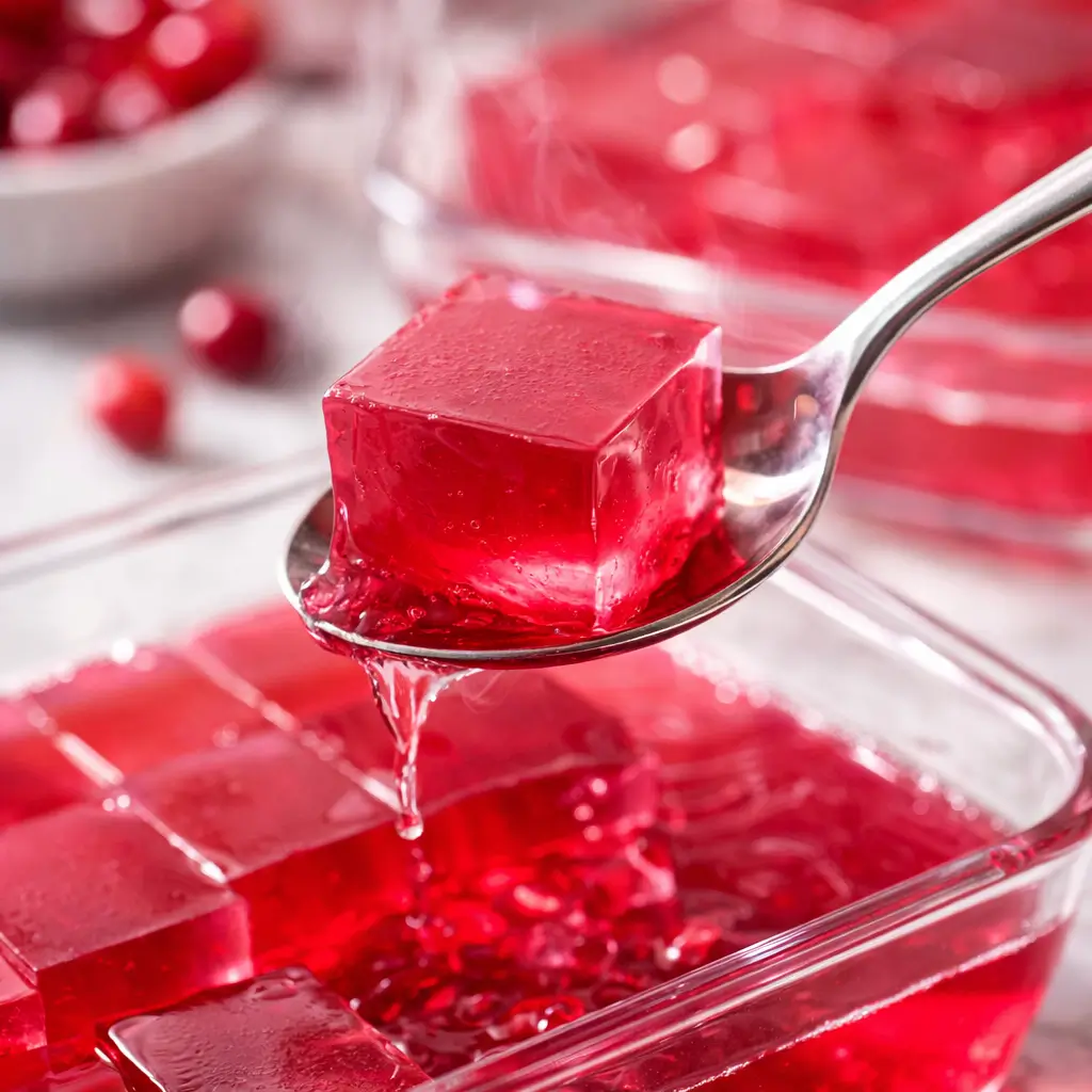 Close-up of pink gelatin cube on spoon above glass dish