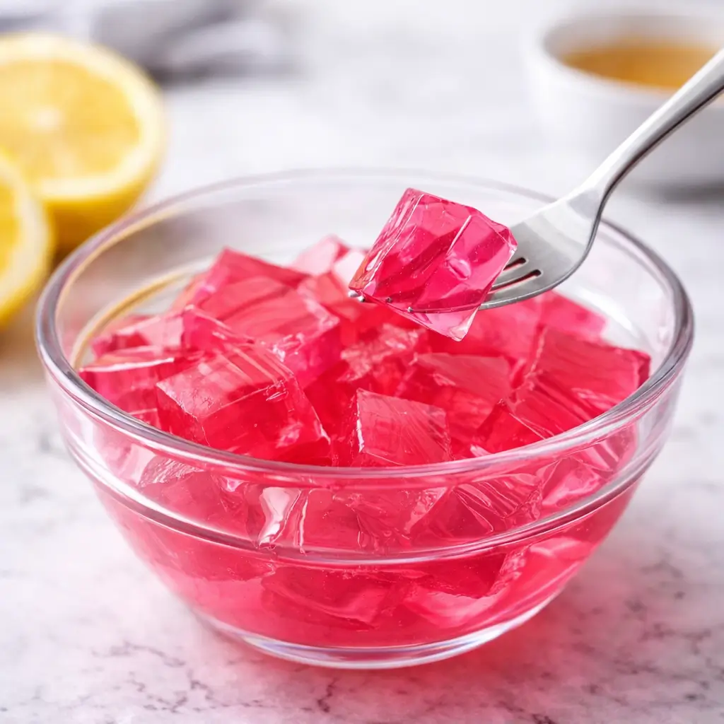 Pink gelatin cubes in glass bowl served as a low calorie snack