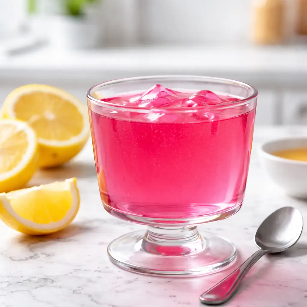 Pink gelatin dessert in glass cup on marble counter