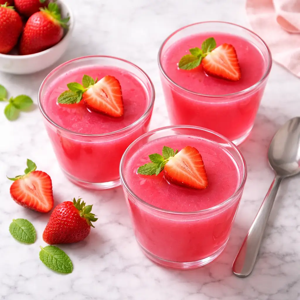 Three small glass cups of set pink gelatin topped with fresh strawberries and mint leaves on a marble surface