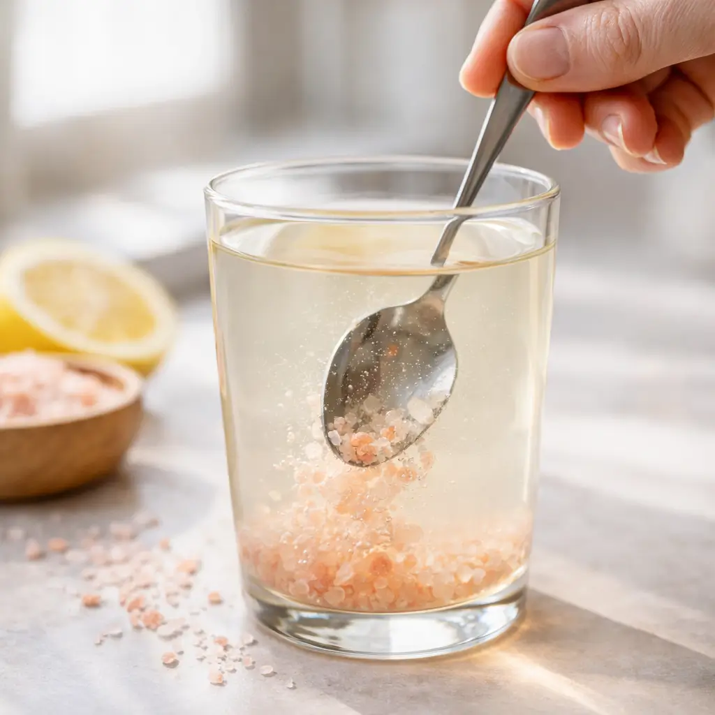 Glass of warm lemon pink salt water on bedside table with Himalayan salt crystals and lemon