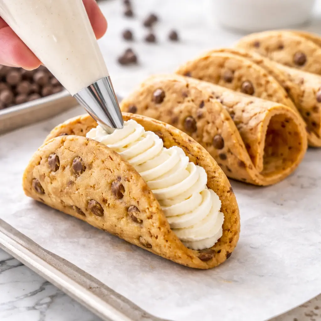 Piping cheesecake filling into cookie taco shells